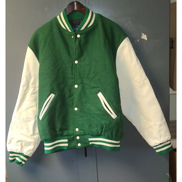 Holloway Varsity Letterman Jacket XL Wool/Leather Green White, Snaps - Picture 1 of 6